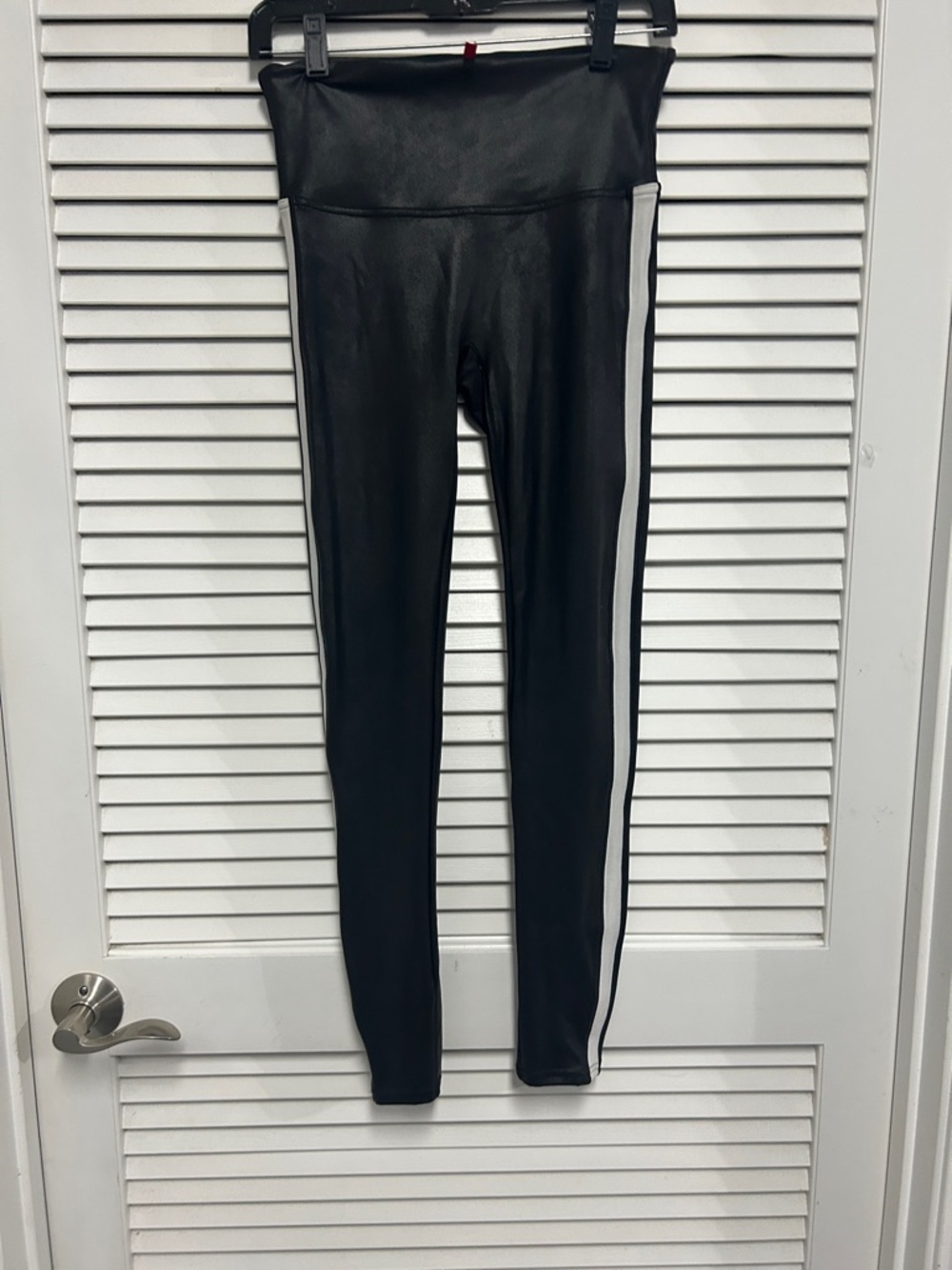 Spanx Black Faux Leather Leggings with White Side Stripe Sporty